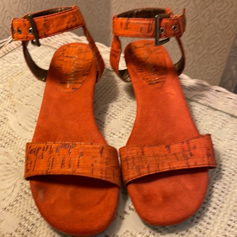 Orange low wedge heels with buckle straps